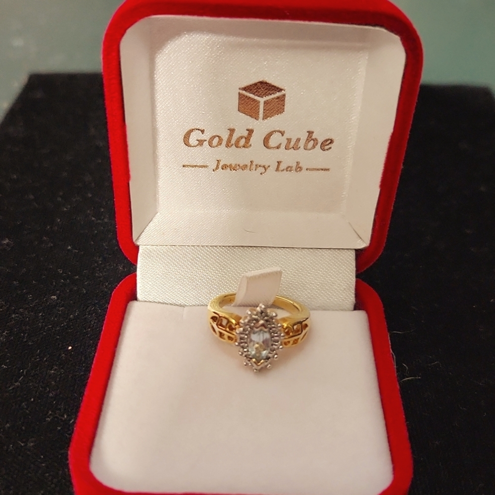 Goldtone Overlay Ring with Aquamarine Stone
